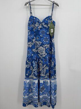 Farm Rio Full of Flowers Blue Midi Dress size M Medium Sleeveless Tiered Bustier